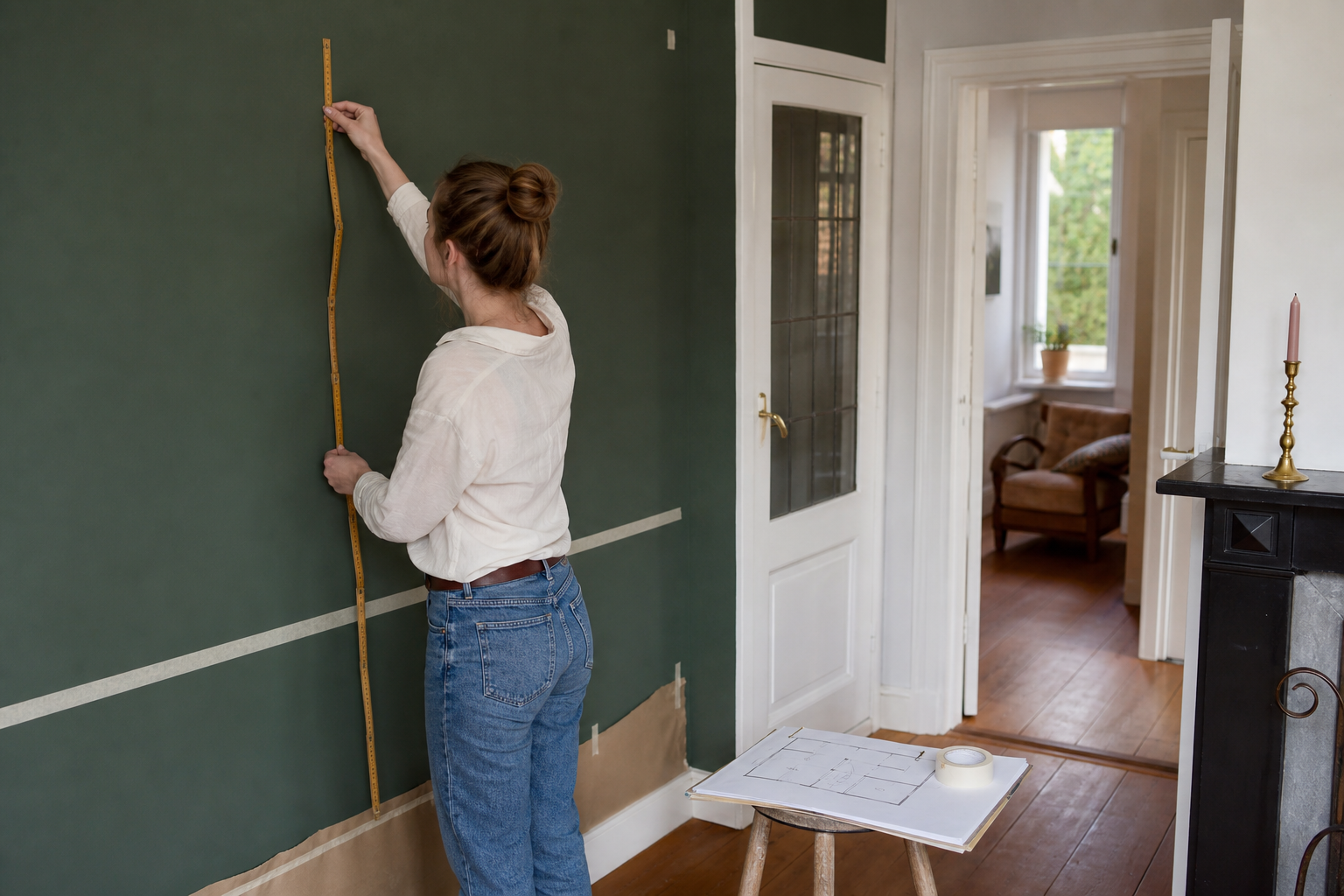 Bewoner meet een donkergroene muur af voordat de kamer wordt geschilderd